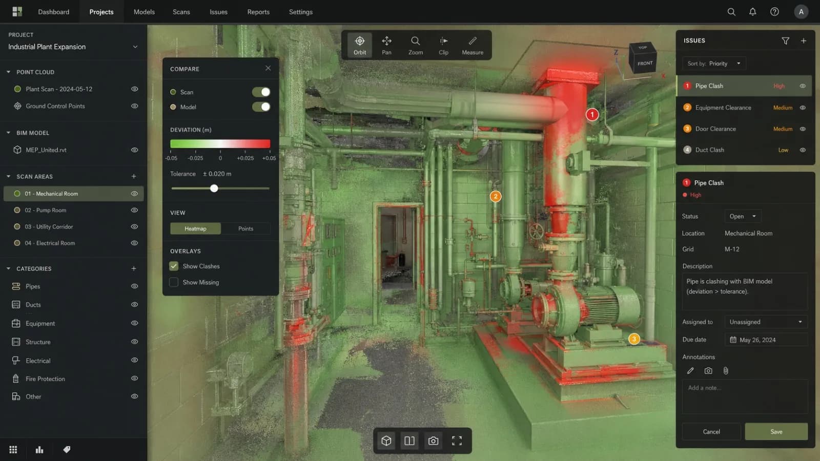 BIM coordination — scan vs. model clash detection